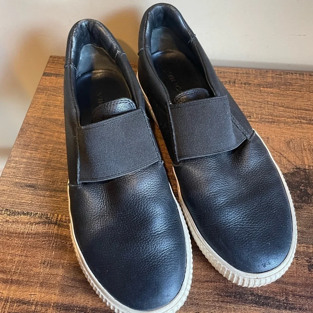 Vince Slip On Black Leather Tennis Shoes